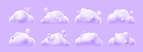 3d render white clouds, cute fluffy spindrift rounded cumulus eddies. Flying weather and nature design elements balloons isolated on , vector illustration in cartoon plastic style icons