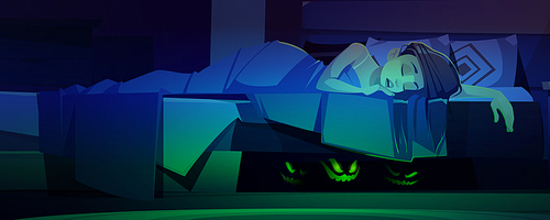 Monsters hiding under bed with sleeping woman. Vector cartoon illustration of bedroom interior at night, girl sleep and glowing green eyes of scary creatures, boogeyman or ghosts