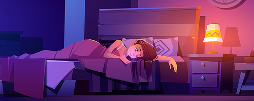 Young woman lying in bed with phone in hands. Girl chatting with friends in social networks, texting, reading newsfeed in internet during bedtime, gadget addiction, Cartoon vector illustration