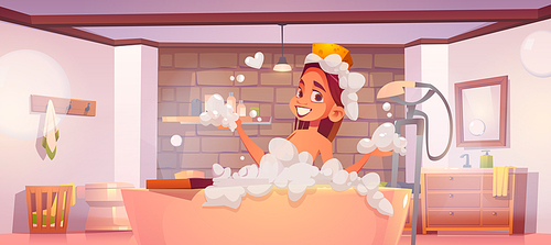 Woman taking bath with foam. Vector cartoon illustration of girl relax in tub with bubbles. Bathroom interior with shower, mirror and female character with sponge and soap suds on head