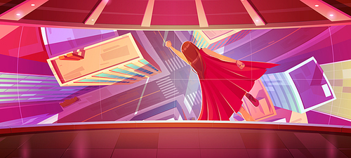 Superwoman flying with raised hand on cinema screen. Cartoon super hero girl in red cape fly in sky above modern city with houses and road top view. Movie about powerful female, Vector illustration