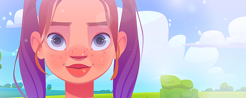 Cute girl face with freckles on background of summer landscape. Vector cartoon illustration of kid portrait, pretty baby or teen girl with two tails hairstyle