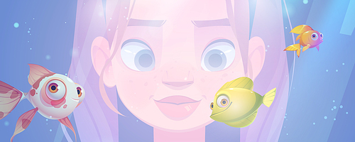 Girl watching at cute fish in aquarium. Vector cartoon illustration of tropical marine animals in fish tank or oceanarium and pretty child face behind glass