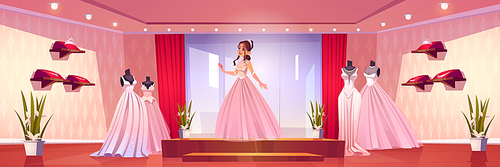 Beautiful bride fit on wedding dress in bridal shop. Young girl wear pink gown stand on podium at store with mannequins, jewelry, windows and lighting, boutique showroom Cartoon vector illustration
