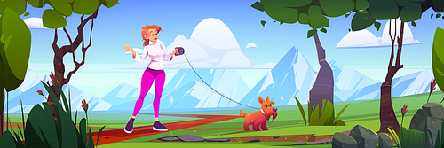 Woman walk with dog in natural park with trees and mountains view. Female character in casual clothes spend time with pet outdoors. Summer time relax, leisure with animal, Cartoon vector illustration