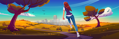 Young girl jogging in autumn city park with cityscape perspective view. Sportswoman run, sports activity. Fit female character exercising in urban garden, healthy lifestyle Cartoon vector illustration