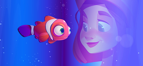 Cartoon girl looking at fish in aquarium. Vector illustration of curious child face smiling at cute clownfish swimming in water. Schoolgirl exploring underwater world and marine animal. Pet care