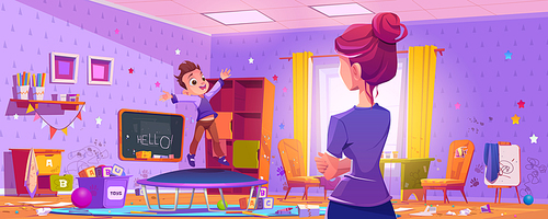 Woman looks at messy kids room with boy jumping on trampoline. Dirty playroom interior with clutter, scattered toys, drawings on walls, playing child and mother, vector cartoon illustration