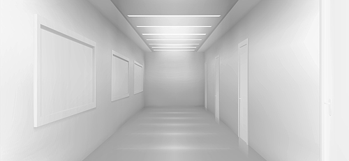 White room, corridor background, museum space 3d render. Art gallery, exhibition hall interior with blank white frames hanging on wall, spotlight illumination on ceiling, Realistic vector illustration