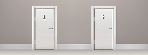 Public toilet, wc male and female visitor entrances in corridor. Two white doors with metal handles and man or woman black pictogram. Office bathroom gender concept, Realistic 3d vector illustration