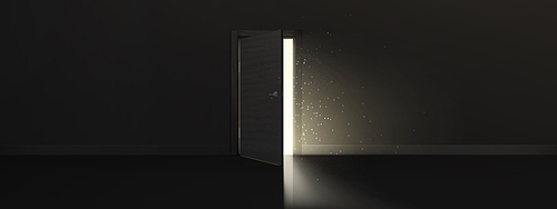 Door opening with glow, discovery, opportunity, exit concept with light shine from open doorway in dark room with sparks or mysterious radiance inviting to enter, Realistic 3d vector illustration