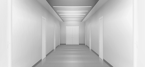 White empty corridor, 3d hospital, clinic or office hall with doors by sides perspective view. Modern ward, medical fascility, light room with lamps on ceiling, Realistic vector illustration, mock up