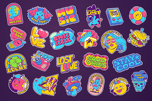 Trendy retro stickers and badges ufo, clover, flower, mushroom, heart, camera, dinosaur, astronaut and girl. Contemporary comic patches or badges hamburger, globe, bat, skull, apple Cartoon vector set