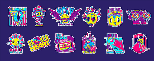 Psychedelic retro rave stickers with funny burger, dinosaur and mushrooms, retro audio tape and heart shaped glasses. Crazy dancer and cute odd creatures. Cartoon vector acid design badges set