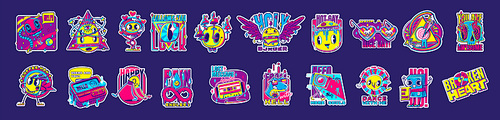 Psychedelic retro rave stickers with funny burger, coffee man, pager and retro audio tape and headphones. Mushrooms, skull, dinosaur and cute odd creatures. Cartoon vector acid design badges set