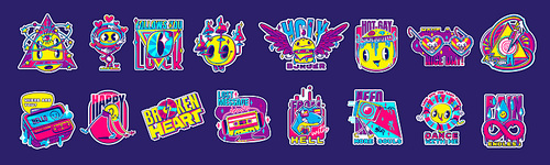 Retro colorful stickers, rave psychedelic icons with mushrooms, vintage cassette, pager, dinosaur, burger and infinity sign. Comic patches, vector cartoon set isolated on background