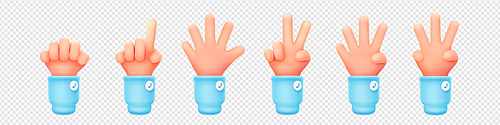 Set of 3D hand showing one to five fingers and fist png isolated on transparent background. Vector illustration of human palm counting business steps, pointing, making victory gesture. Body language