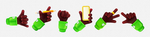 Set of black hand gestures png isolated on transparent background. 3D vector illustration of character holding smartphone, pencil, using smart ring, pointing finger, showing fist and call me sign