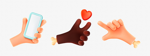 3d render hand gestures, black and white palms with bones hold smartphone, pointing with finger, holding red heart. Isolated human gesticulation elements, vector illustration in cartoon plastic style