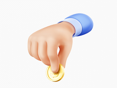 3d render hand giving coin, digital business concept of money payment, donation, salary, charity, corruption, gift, bribe, tax, alms or purchase, isolated vector Illustration in cartoon plastic style