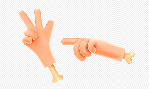 3d render hand gestures, palm with bone pointing direction and showing three fingers. White funny arm body language isolated vector Illustration on transparent  in cartoon plastic style