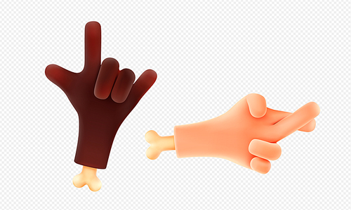 3d render hand gestures black and white palms with bones showing rock and crossed fingers. Funny character body language, emoji communication elements, Vector illustration in cartoon plastic style