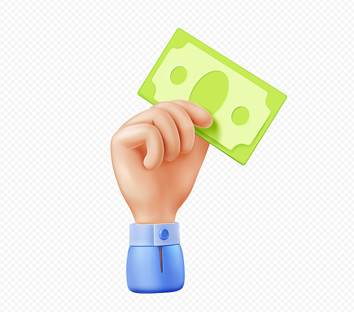 3d vector hand with money bill, businessman palm holding paper dollar note donate, buying or paying. Financial transaction, investment, currency exchange isolated Illustration in cartoon plastic style