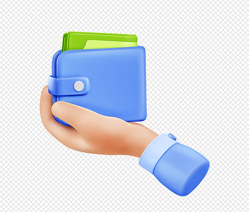 3d render hand holding wallet with money isolated on white . Financial business concept of cash payment, earning, transaction, shopping, wealth. Vector Illustration in cartoon plastic style