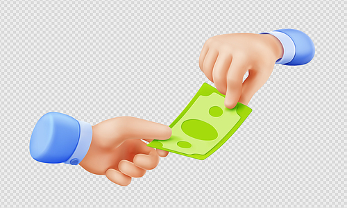 3d render hand giving money bill to another palm. Businessmen holding dollar note donate, paying with cash, financial transaction, currency exchange, Vector Illustration in cartoon plastic style