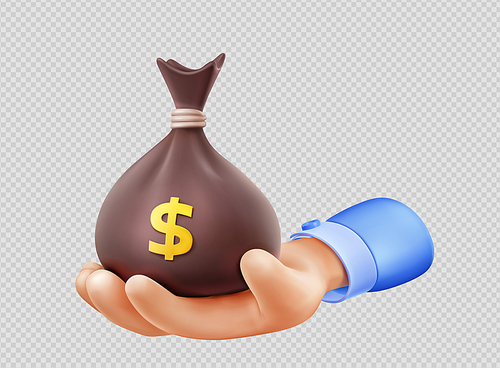 3d render hand holding money sack with dollars isolated on transparent background. Donation, sponsorship, bank loan concept with male palm hold full bag, Vector Illustration in cartoon plastic style