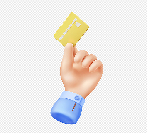 3d render hand holding gold credit card. Money, financial wealth, online shopping, cashless payment service. Business concept with palm and plastic card, vector Illustration in cartoon plastic style