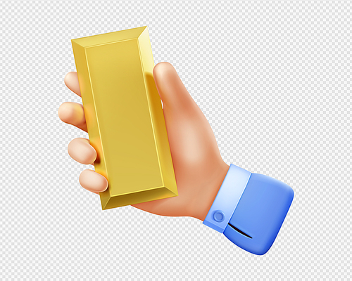 3d render hand holding golden ingot isolated on white . Finance wealth, investment,concept with businessman palm holding gold metal bar, Vector Illustration in cartoon plastic style