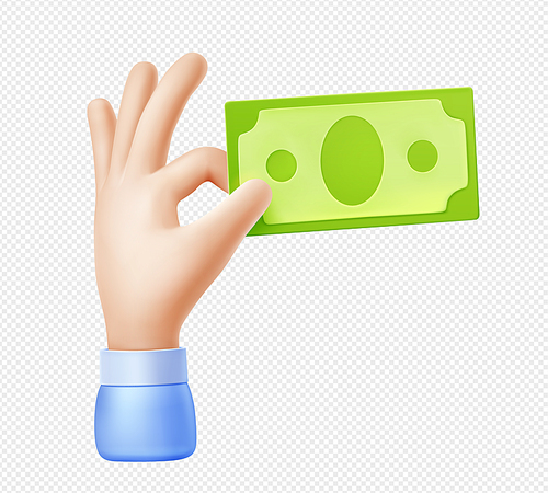 Hand with paper money bill, dollar banknote isolated on transparent background. Concept of finance, payment, donation, spend currency. Vector 3d illustration with hand hold dollar bill