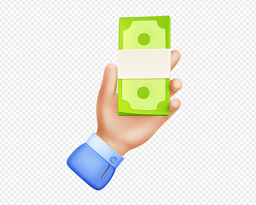 Businessman hand with money bundle png isolated on transparent background. 3D vector illustration of character holding cash, making payment, receiving salary or bonus, currency exchange, investment