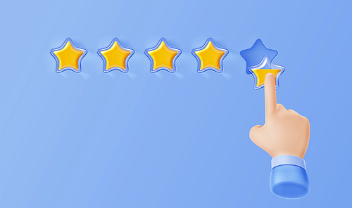 Service rating, customer feedback concept with five transparent stars and human hand. Client review background with hand set gold star on place, vector 3d illustration