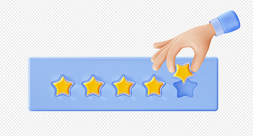 3D hand adding golden rating star, png icon. Happy customer leaving good feedback for service or goods. Best quality award. Client review sign isolated on transparent background. Vector illustration