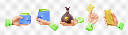 3d render hand with money isolated set. Concept of payment, richness with businessman palms holding wallet, card, sack and gold ingot, vector Illustration in cartoon plastic style on white