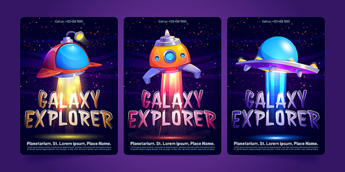 Galaxy explorer posters with futuristic rockets and spaceships flying in outer space with stars. Planetarium, astronomy education banners with shuttles, vector cartoon illustration