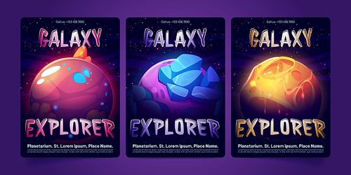 Set of planetarium banner templates. Cartoon vector illustration of alien planets glowing with neon craters against starry dark sky background. Space galaxy exploration, astronomy science event promo