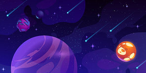 Outer space background with planets and stars. Cartoon vector illustration of cosmic objects on dark blue, meteors, asteroids, alien globes flying in starry sky. Fantasy galaxy for computer game