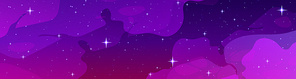Night starry sky in lilac and pink colors with nebula effect. Cartoon vector illustration of space background with many shining stars, stardust, milky way. Infinite universe. Fantasy game background