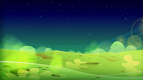 Green alien planet surface with craters and toxic smoke. Cartoon vector illustration of uninhabited ground with dangerous poisonous gas or vapor under night starry sky. Space adventure game background
