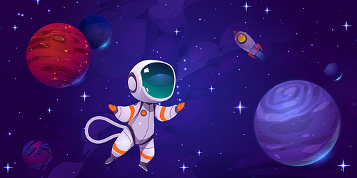 Cute astronaut in outer space with alien planets, stars and rocket. Cosmonaut in suit and spaceship flying in cosmos. Vector cartoon fantastic illustration of universe, galaxy exploration