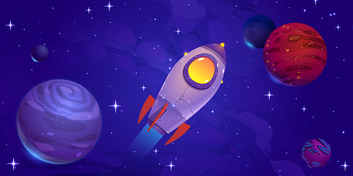 Spaceship flying in cosmos with alien planets, galaxy and stars. Dark universe landscape with rocket. Vector cartoon fantasy illustration of space travel, galaxy exploration
