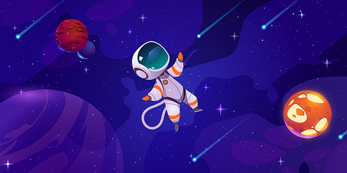 Cute astronaut flying in cosmos with alien planets, comets and stars. Cosmonaut in spacesuit on background of dark outer space landscape with planets and asteroids, vector cartoon illustration