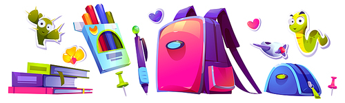 School stationery isolated set. Stickers, pencil case, backpack, textbooks and colored pencils with pen or push pins. Cartoon design element for student and pupil education, Vector illustration, icons