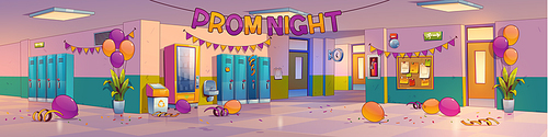 School hall after prom night celebration. Empty college corridor interior with garlands, students lockers, confetti and balloons scattered on tiled floor, Contemporary cartoon vector illustration
