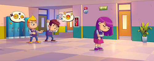 Boys bully girl in school hallway. Concept of children violence, mockery, bullying. School corridor with kids with negative emoticons in speech bubbles and victim, vector contemporary illustration