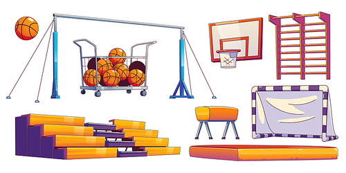 School gym, sport court equipment with basketballs balls in cart, basket on wall, soccer gate mat, bars, tribune and pommel horse isolated on white , vector set in contemporary style