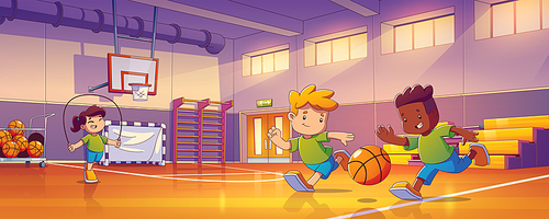 School kids in sportswear exercising in gym. Boys playing basketball together and running after the ball, girl jumping with rope in large light sports court interior, Cartoon vector illustration